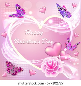 Illustration card Happy Valentine's Day with a flower and butterflies