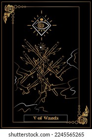 the illustration - card for tarot - V of Wands.