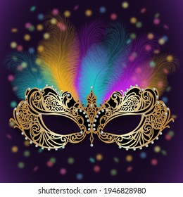 Illustration of card template with carnival mask, feathers and confetti background