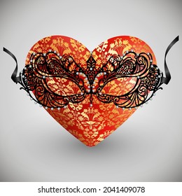 Illustration of card template with carnival mask and lacy heart
