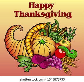 illustration card for Thanksgiving with a cornucopia of fruits and vegetables