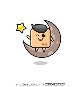illustration of cardboard box cartoon sitting on the half moon , cute style design for t shirt, sticker, logo element