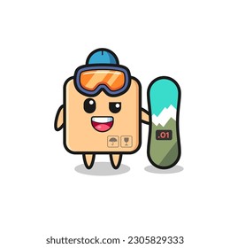 Illustration of cardboard box character with snowboarding style , cute style design for t shirt, sticker, logo element