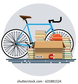 Illustration of a cardboard box with old things in a flat style. Box with old stuff vector. Bicycle, books, basketball, magnet. Vector illustration Eps10 file