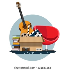 Illustration of a cardboard box with old things in a flat style. Box with old stuff vector. Guitar, armchair, photo albums, photo camera, a drum with a film, a football. Vector illustration Eps10 file