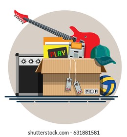 Illustration of a cardboard box with old things in a flat style. Box with old stuff vector. Guitar, cap, game console, volleyball. Vector illustration Eps10 file
