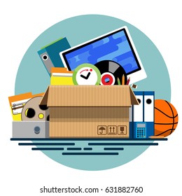 Illustration Of A Cardboard Box With Old Things In A Flat Style. Box With Old Stuff Vector. Monitor, Clock, Files, Folder, A Drum With A Film, A Music Plate, A Calculator, Pencils, A Basketball. 