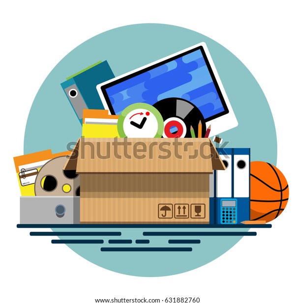 Illustration of a cardboard box with old things in a\
flat style. Box with old stuff vector. Monitor, clock, files,\
folder, a drum with a film, a music plate, a calculator, pencils, a\
basketball. 