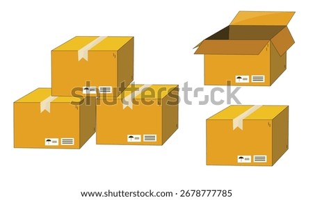 Illustration of cardboard boxes isolated on white background. Set of closed and open brown packaging boxes for shipping, delivery, storage, moving, or logistics concept.