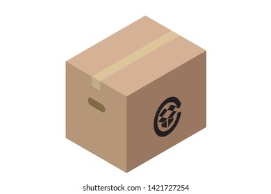 Illustration of cardboard with recycle mark, isometric projection