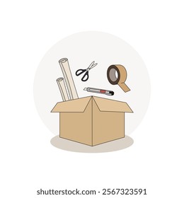 illustration of cardboard, scissors, paper, tape, and cutter. illustration concept for packaging process.