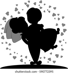 Illustration of cards Silhouette of wedding couples. The groom carries his bride