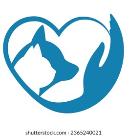 Illustration care and concern for animals.Hand with a dog and a cat on white background
