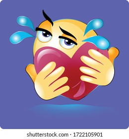 Illustration of Care Emoji , Big Huge Heart with Tears and Shadow Gradient Style. Stock Vector Icon. Light Background.