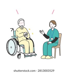 Illustration of a care staff smiling and interviewing an elderly man in a wheelchair. Original artwork created by me using illustration software. No AI used.