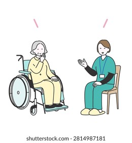 Illustration of a care staff smiling and interviewing an elderly woman in a wheelchair. Original artwork created by me using illustration software. No AI used.
