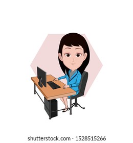 
illustration of a career woman sitting at her desk. Dressed officially like an executive, in front of him there was a computer on the table. Vector cartoons that can be used for caricature or mascot 