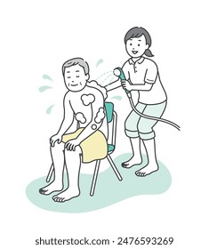 Illustration of a caregiver assisting a bath and an elderly man taking a shower