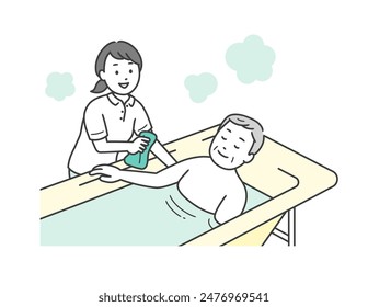 Illustration of a caregiver assisting a bath and an elderly man soaking in a bathtub