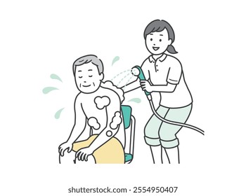 Illustration of a caregiver assisting a bath and an elderly man taking a shower