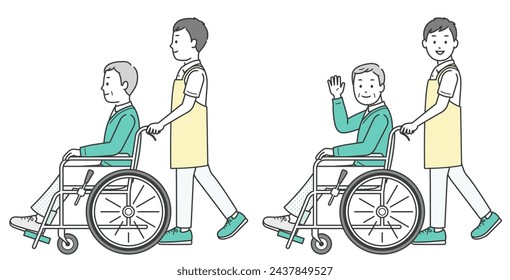 Illustration of a caregiver assisting an elderly man in a wheelchair