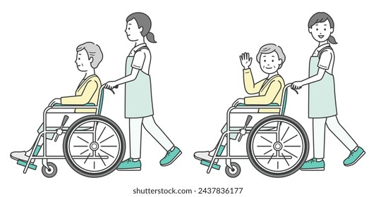 Illustration of a caregiver assisting an elderly woman in a wheelchair