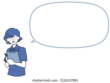 Illustration of a caregiver with a binder and a speech balloon