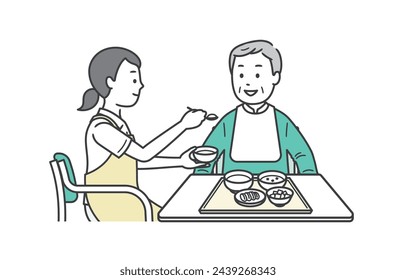 Illustration of a caregiver and an elderly man assisting with meals