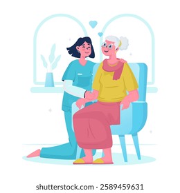 Illustration of caregiver with elderly patient, Personal nurse taking care of grandmother with love, Vector design