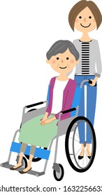 It is an illustration of a caregiver and the elderly riding a wheelchair.