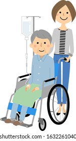 It is an illustration of a caregiver and the elderly riding a wheelchair.