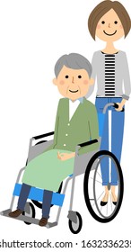 It is an illustration of a caregiver and the elderly riding a wheelchair.