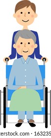 It is an illustration of a caregiver and the elderly riding a wheelchair.