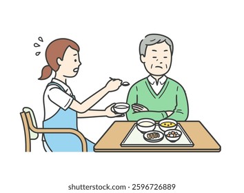 Illustration of a caregiver helping with meals and an elderly man refusing