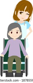 Illustration of a caregiver pushing a wheelchair with a smile