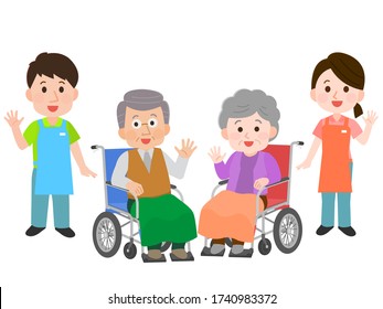 Illustration of caregivers assisting grandfather and grandmother in wheelchair