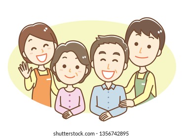 Illustration of a carer and senior men and women