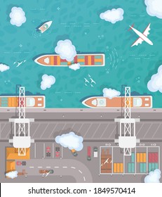 Illustration eines Frachthafens im Flachstil. Draufsicht. Containerschiff, Frachtschiff, Yacht, Schiff und Hafen, Industrie Schifffahrt Transport, Krantransport und Dock Vektor. Flugzeug fliegt über dem Ozean.