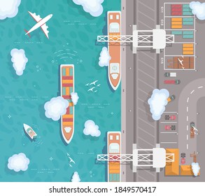 Illustration of a cargo port in flat style. Top view. Container ship, cargo ship, yacht, boat and harbor, industry shipping transport, crane and dock vector. Plane flies over the ocean.