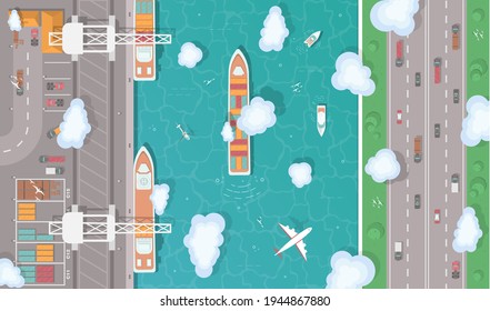 Illustration of a cargo port in flat style. Top view of the harbor. Container ship, yachts, boats, sea transport in the port. Highway top view.