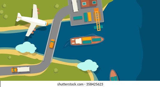 Illustration of a cargo port in flat vector style. Top view. Ship, harbor, sea, boat, crane, dock, airplane and track. Hand drawn design element for label and poster