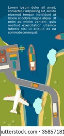 Illustration of a cargo port in flat vector style. Top view. Ship, harbor, sea, boat, crane, dock, airplane and track.  Hand drawn design element for label and poster