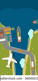 Illustration of a cargo port in flat vector style. Top view. Ship, harbor, sea, boat, crane, dock, airplane and track. For vertical banner industry shipping transport.