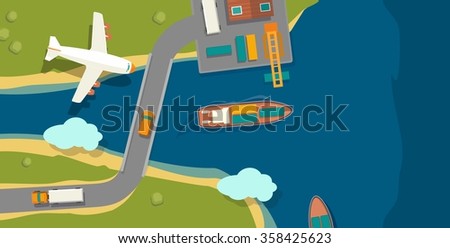 Illustration of a cargo port in flat vector style. Top view. Ship, harbor, sea, boat, crane, dock, airplane and track. Hand drawn design element for label and poster