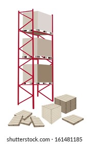 Illustration of Cargo Shelf with Wooden Crates for Storage of Goods. 
