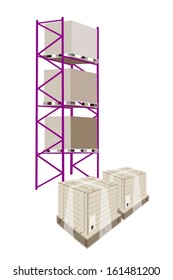 Illustration Of Cargo Shelf With Wooden Crates Or Cargo Boxes Wrapped In Plastic Shrink Wrap, For Storage Of Goods. 