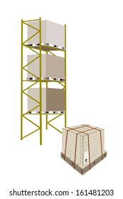 Illustration of Cargo Shelf with Wooden Crates or Cargo Boxes with Steel Banding on A Wooden Pallet, for Storage of Goods. 