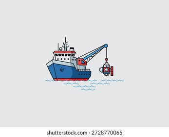 Ilustración de barco de carga con contenedor de elevación de grúa