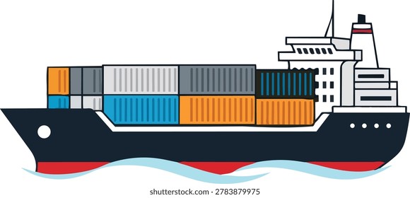 Illustration of a cargo ship loaded with shipping containers, sailing on the water, showcasing global trade and transportation.
