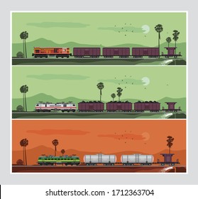 Illustration of cargo trains running in the village